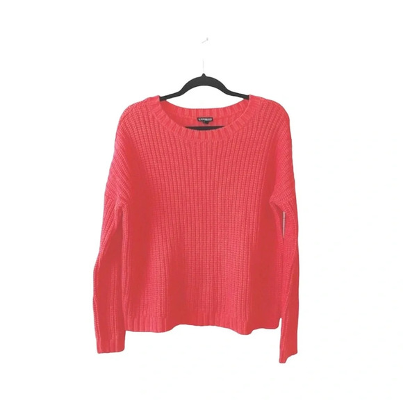 Express Neon Pink Boxy Crop Tight Knit Pullover Sweater Medium Women’s - Picture 9 of 9